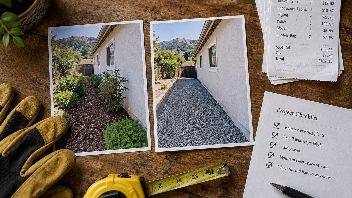 Dated before-and-after project photos and itemized receipts laid out as a documentation file