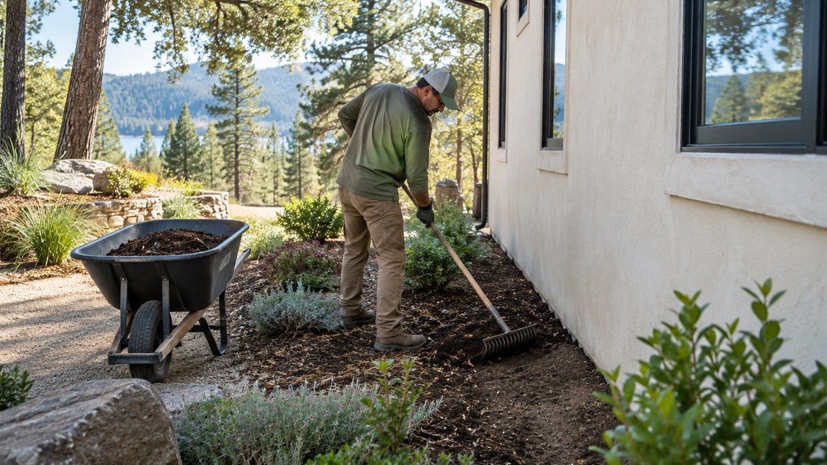 Contractor clearing combustible mulch and shrubs from the five-foot zone beside a house