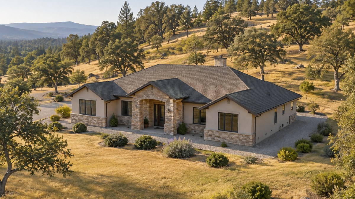 Defensible space zones stepping away from a foothill home, spaced plantings and cleared ground