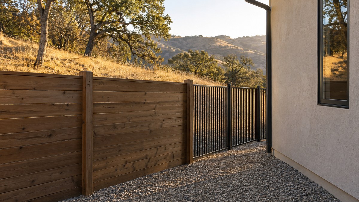 Wood privacy fence transitioning to black metal panels where it meets a foothill home's wall